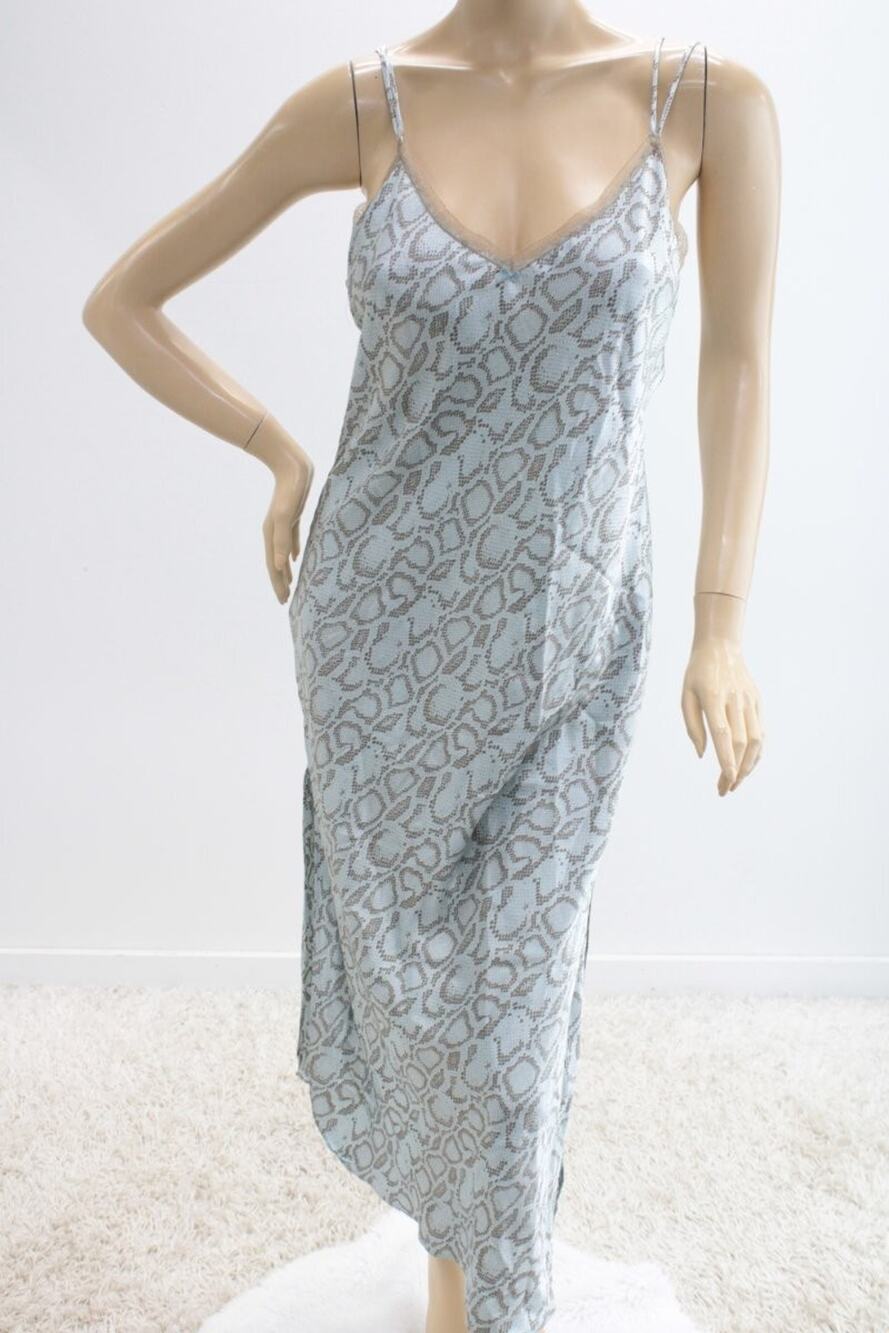 VTG Long Nightgown Satin 90s Slip Dress Medium Blue brown Snake Skin Print Sexy